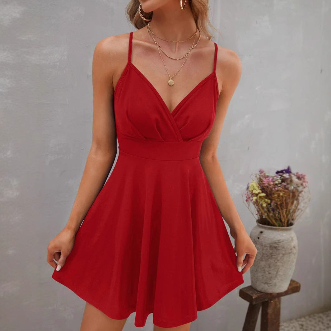 Ladies summer strap dress with V-neck