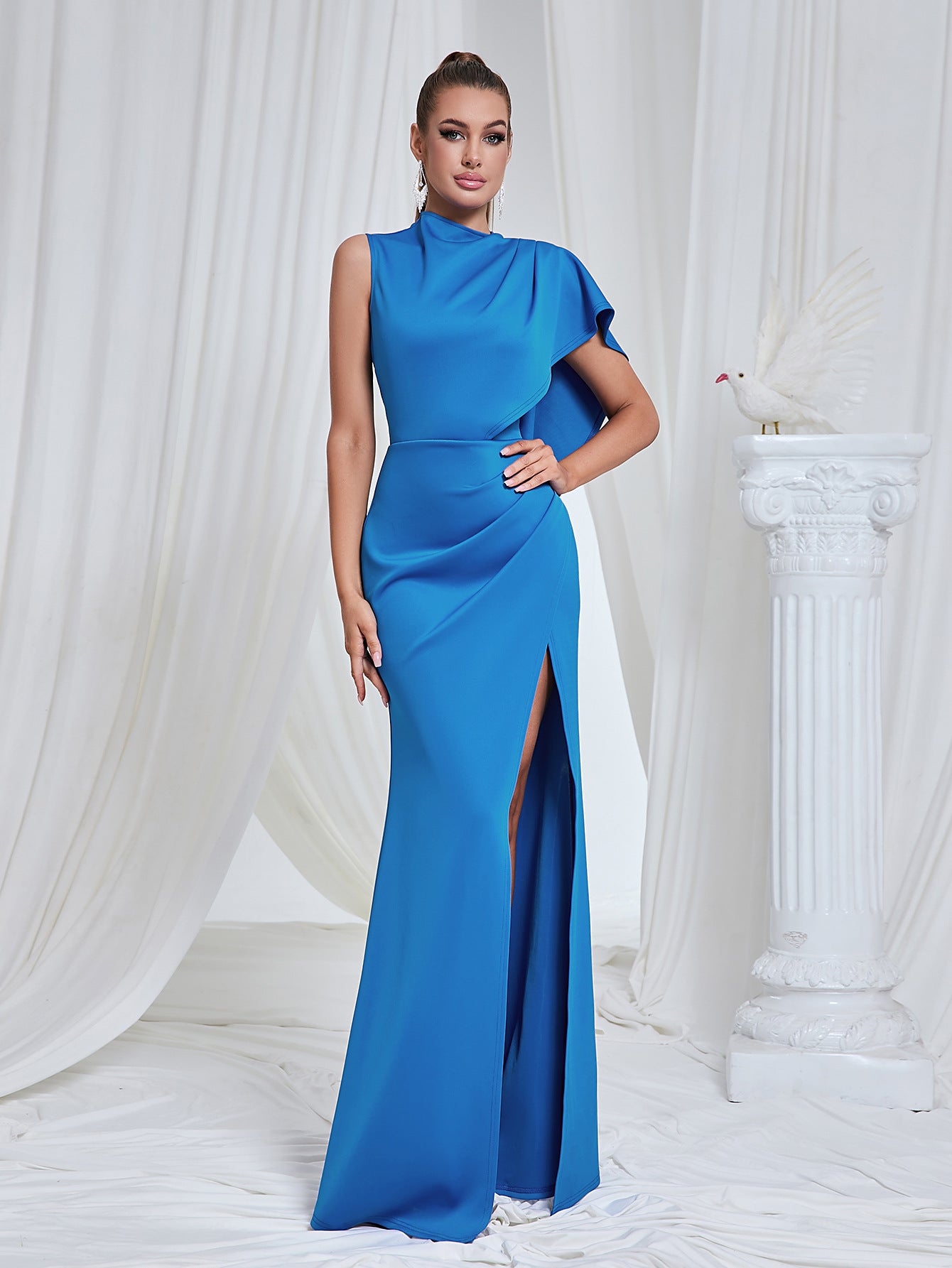 Women's fitted evening dress with asymmetric design and high slit