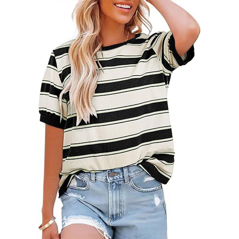 Women's casual striped T-shirt with short sleeves and round neck