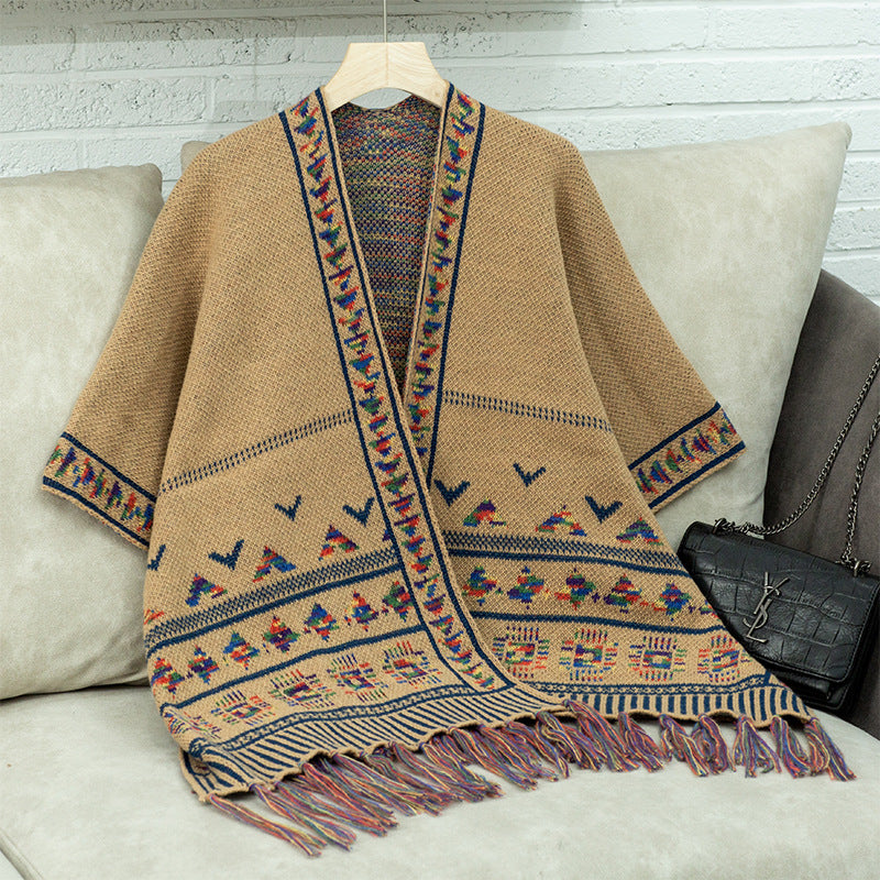 Women's stylish poncho with colorful ethnic pattern