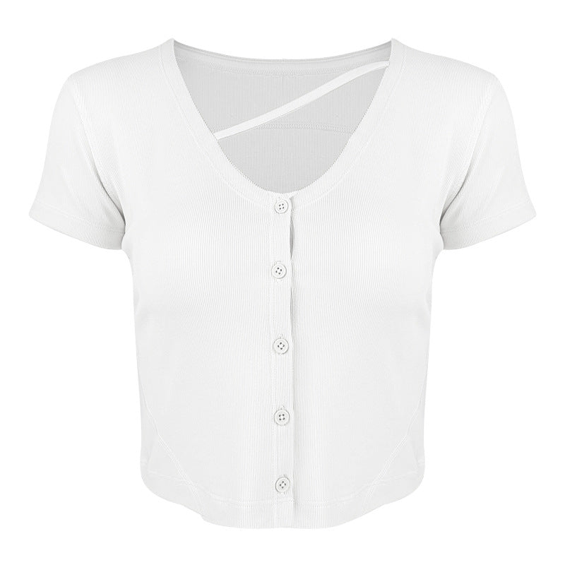 Women's short sports top with stylish V-neck and button placket