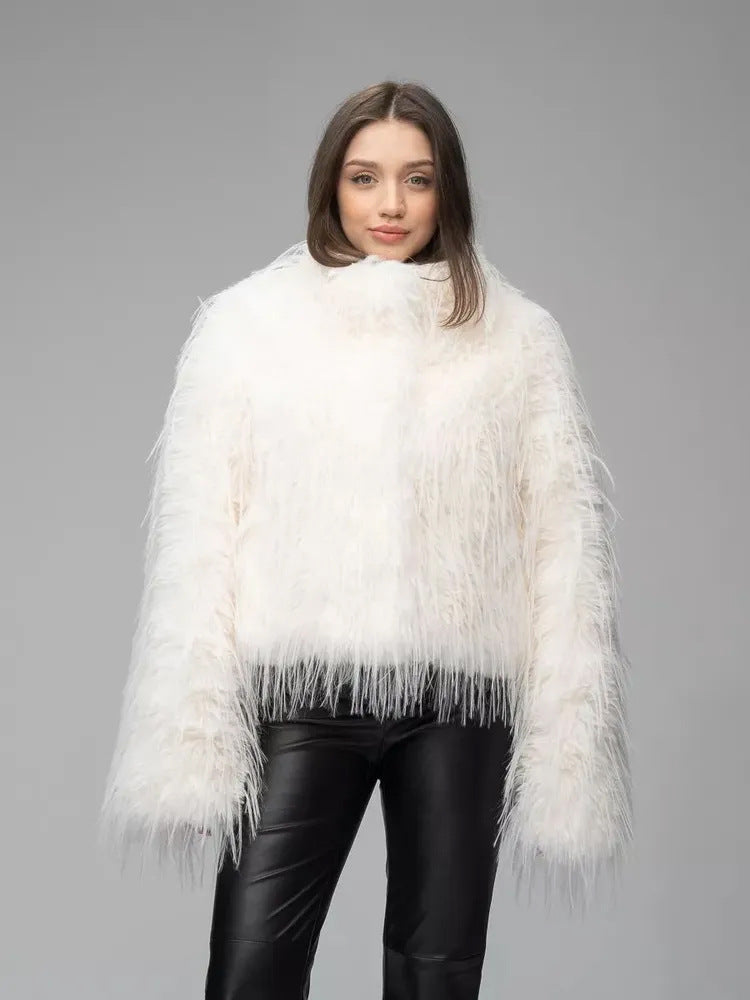 Ladies Trendy Faux Fur Jacket with Elegant Fringes