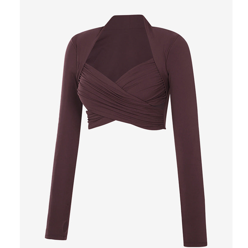 Women's elegant long sleeve crop top with sophisticated wrap detail and high comfort