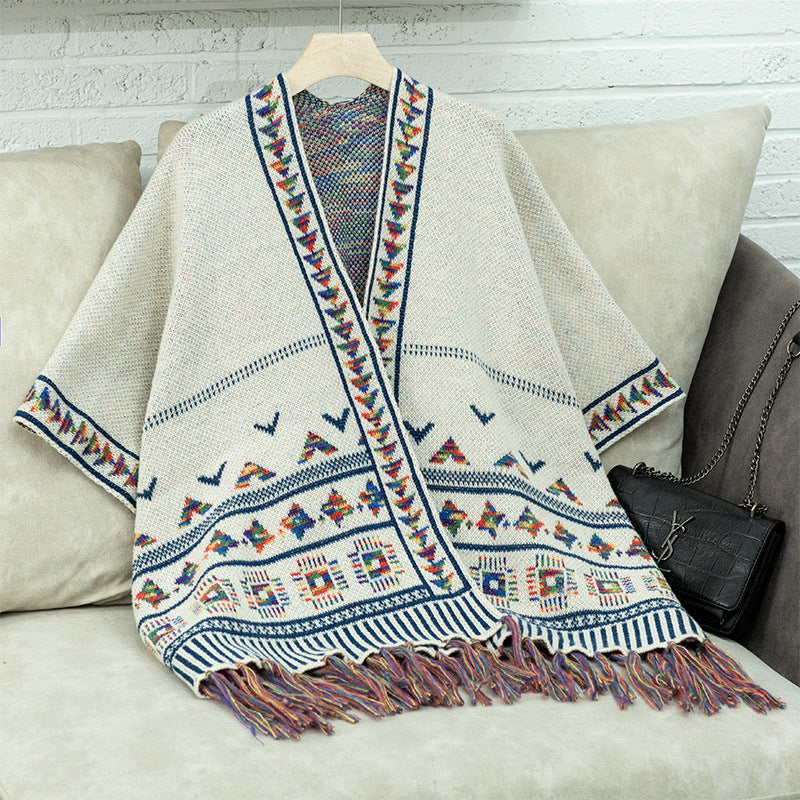Women's stylish poncho with colorful ethnic pattern