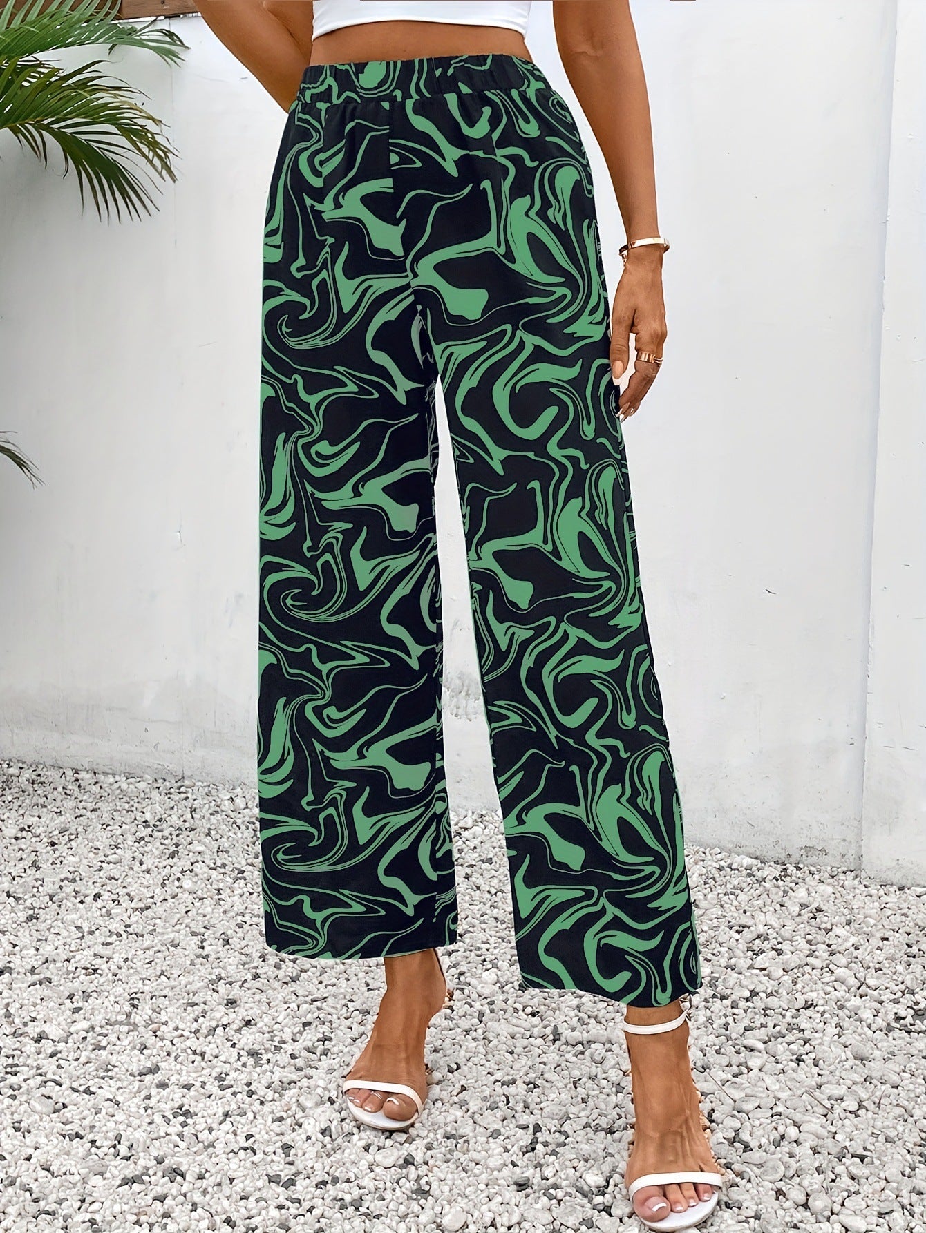 Ladies Wide Palazzo Pants with Modern Marble Print and Elastic Waistband