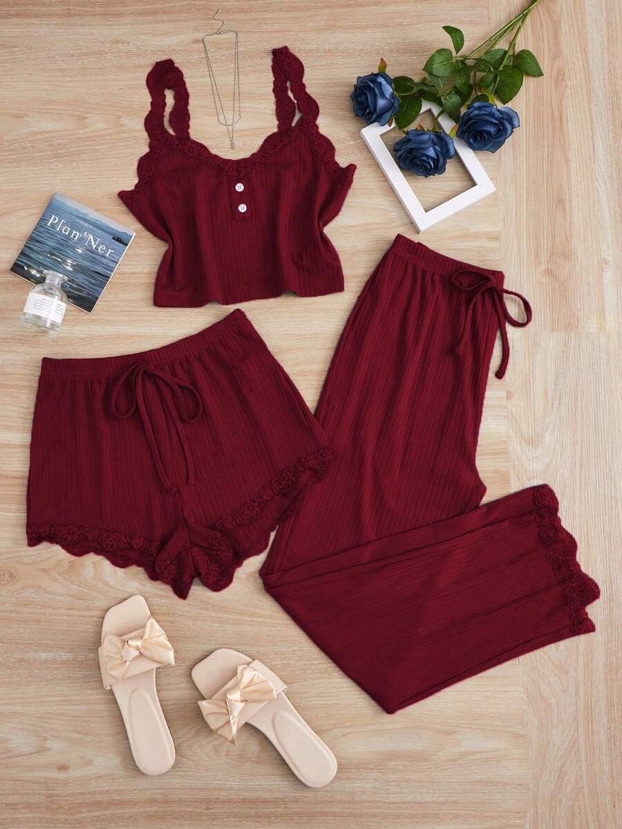 Women's Fashion Pajama Set with Lace Accents