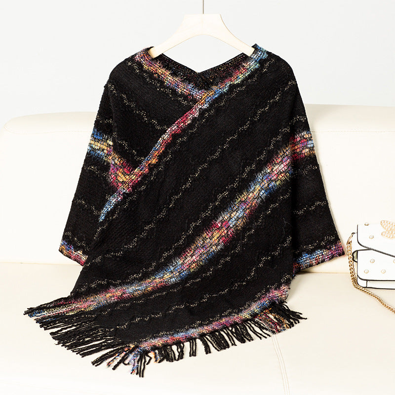 Ladies fashion wrap sweater with fringed hem and unique pattern