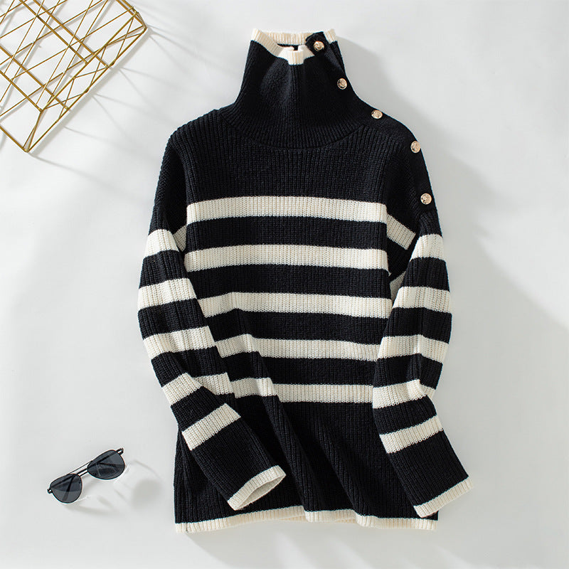 Women's turtleneck pullover with button details and striped design