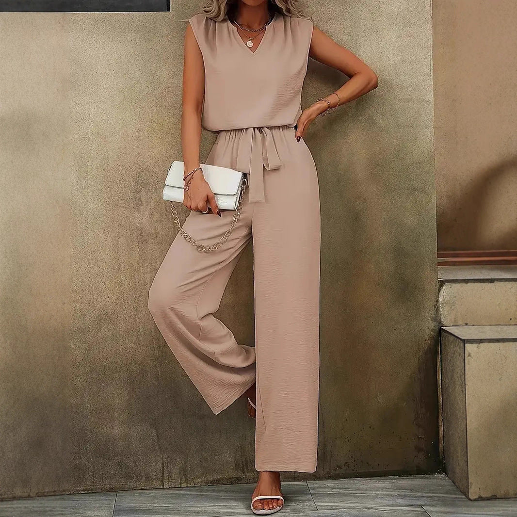 Women's Elegant Jumpsuit with V-Neck and Waist Knot