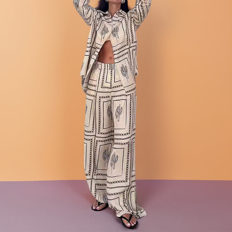 Ladies Elegant Set of Casual Blouse and Wide Cut Pants