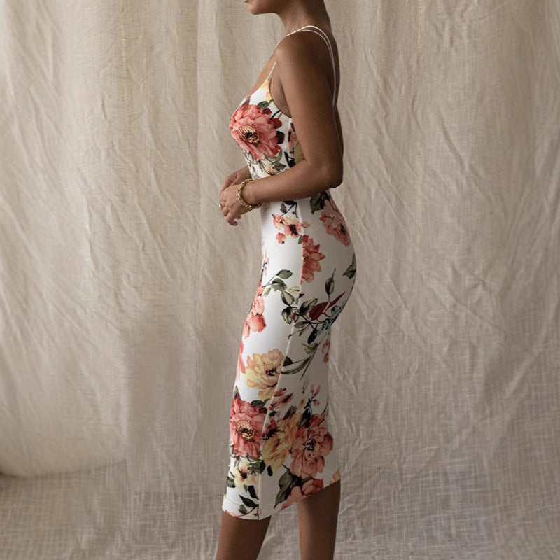 Ladies Elegant Floral Pattern Evening Dress with Sophisticated Ruffle Details