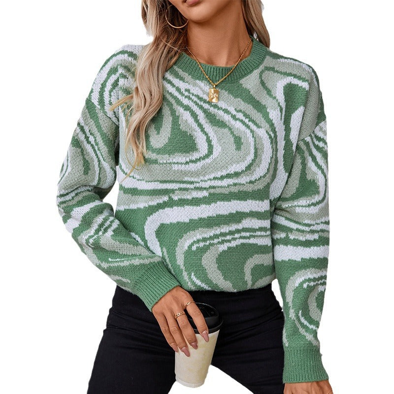 Women's patterned knitted pullover with modern wave pattern and round neck