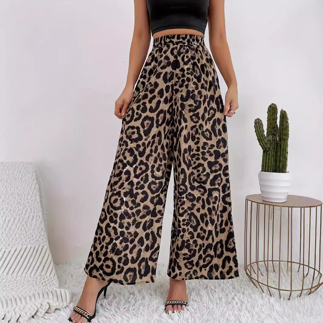 Women's Wide Leopard Pants made of flowing material with elastic waistband