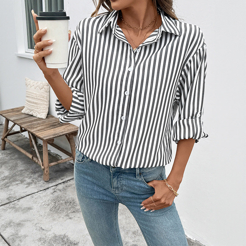 Women's striped blouse shirt with modern collar and comfortable sleeve cuffs