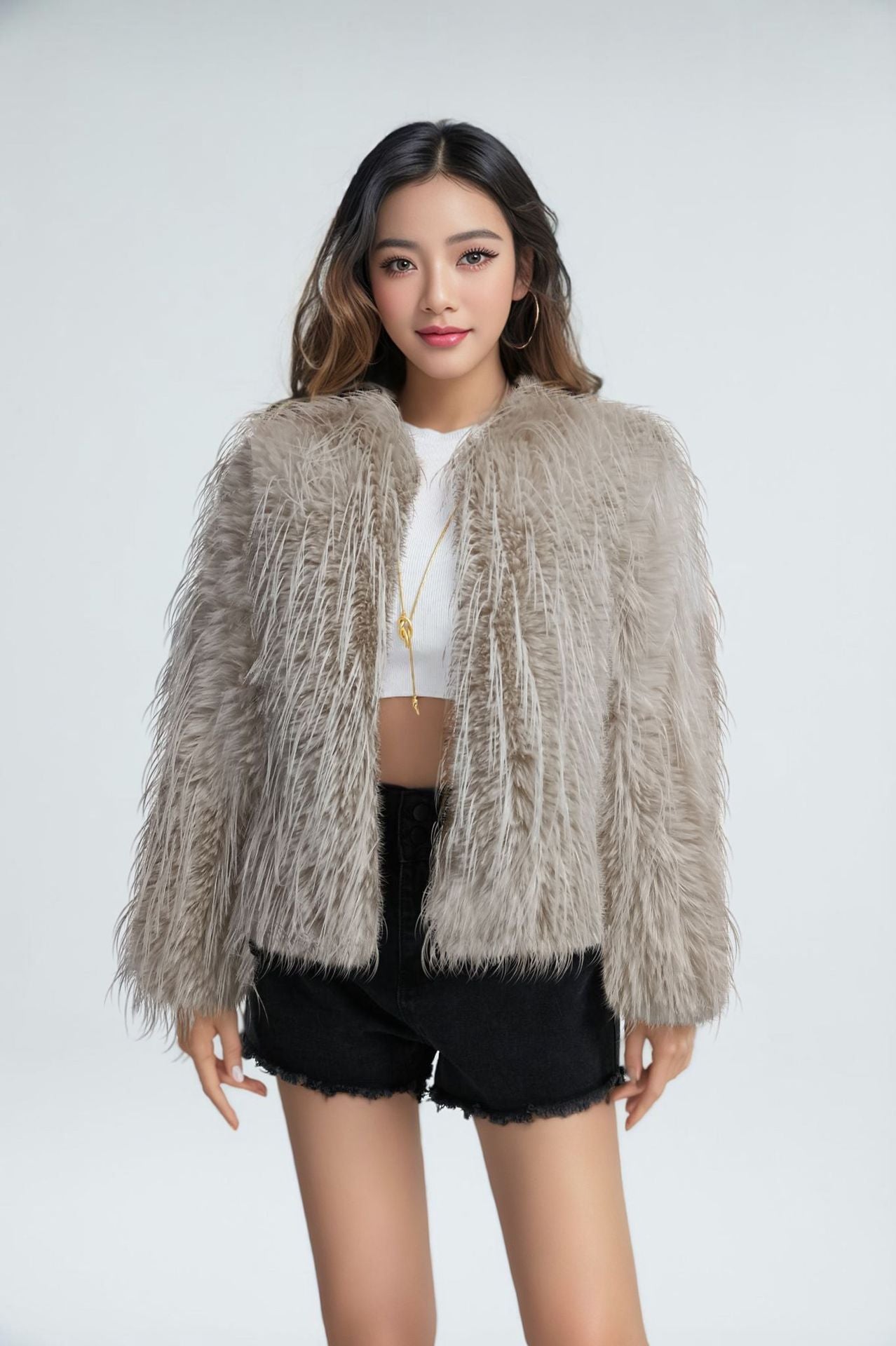 Ladies Elegant Plush Jacket with High Collar