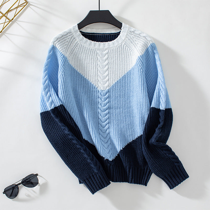Ladies fashionable knit pullover with geometric pattern and cable ribs