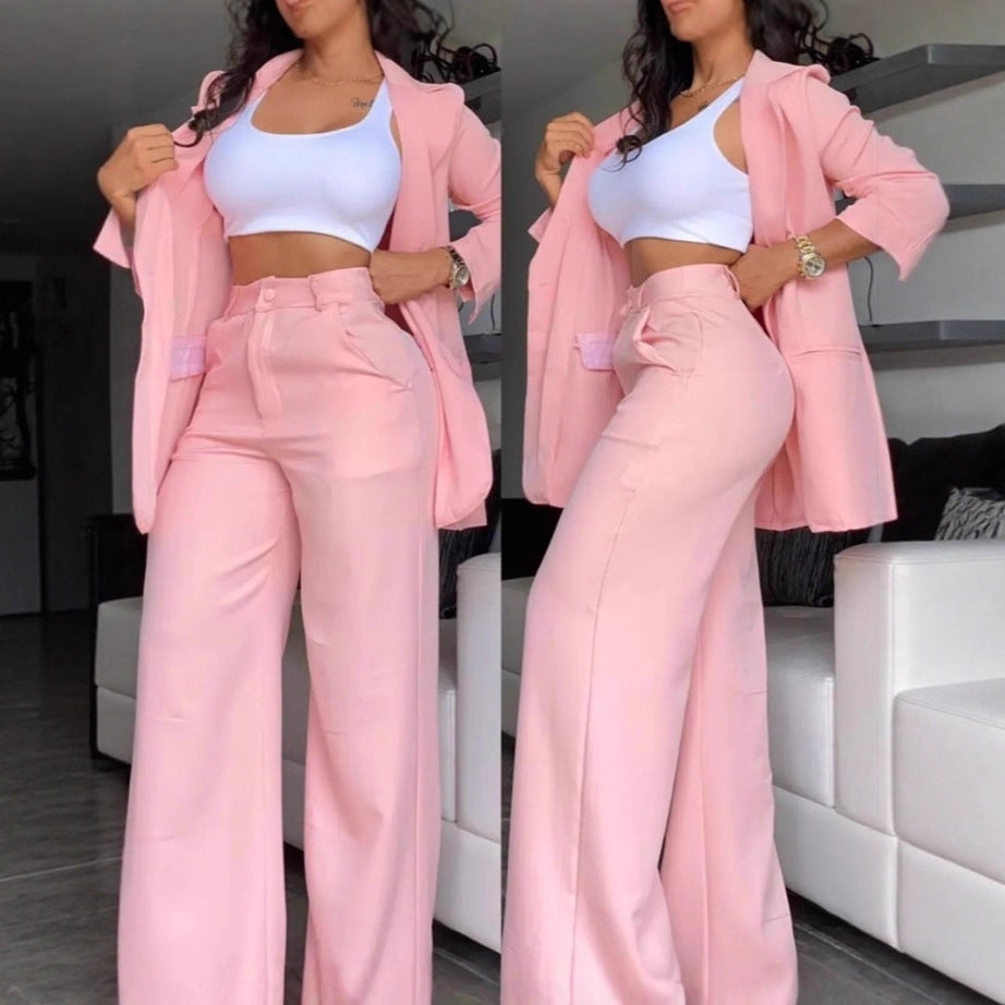 Women's Two-Piece Business Suit Set with Wide Leg and Tailored Jacket