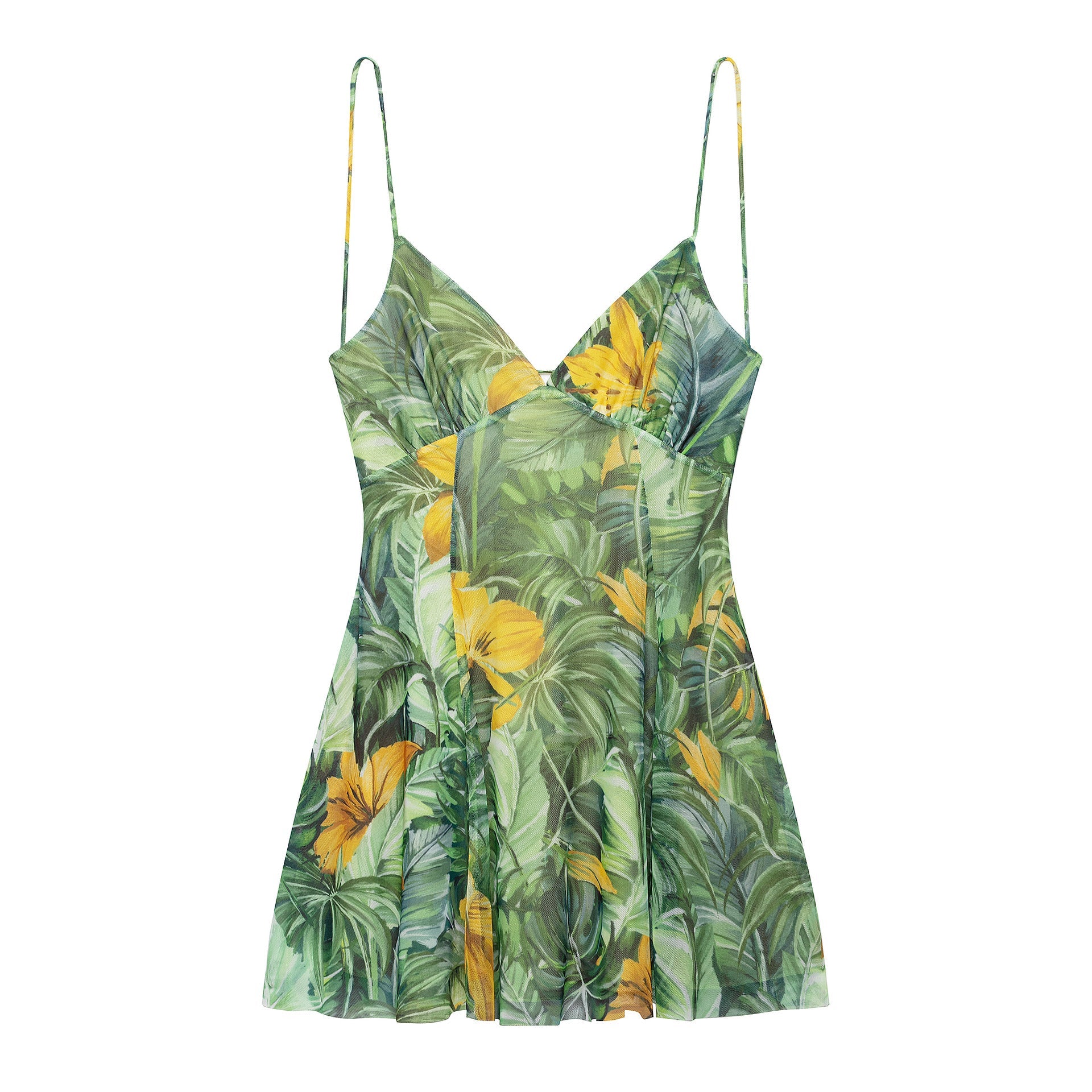 Ladies mini dress with floral pattern and fine spaghetti straps