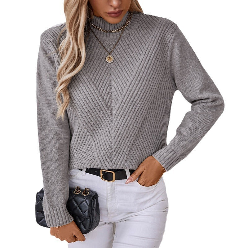 Ladies fashionable knitted pullover with high collar and V-design