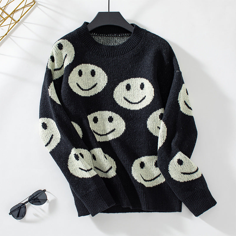 Women's casual pullover with cheerful smiley pattern