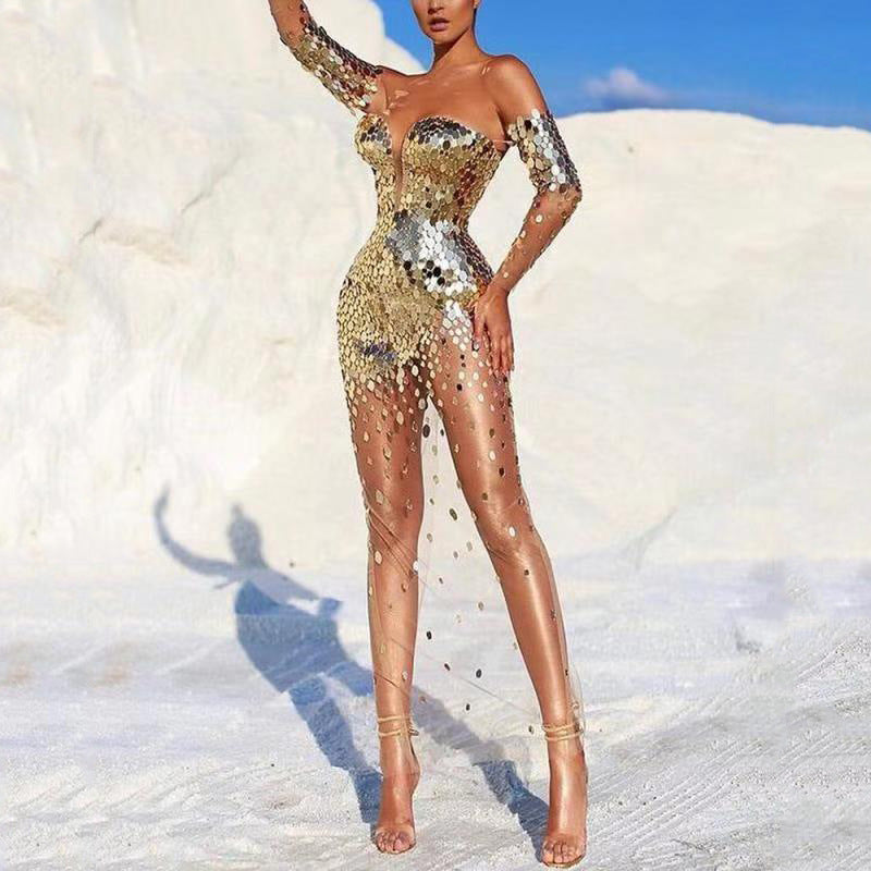 Women's Glamorous Party Dress with Sequins and Deep Neckline