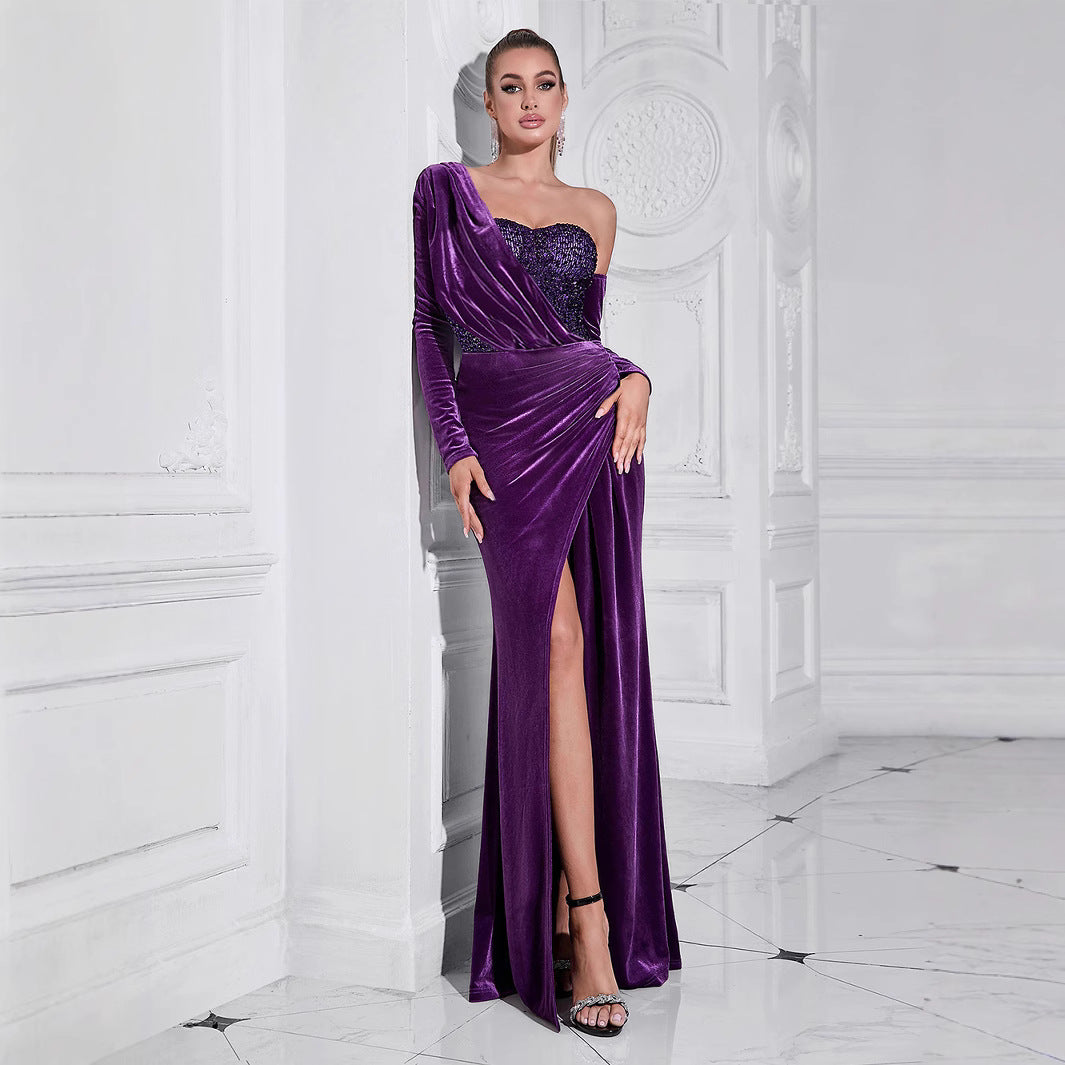 Women's Glamorous Evening Dress with Asymmetric Design and Sparkling Accents