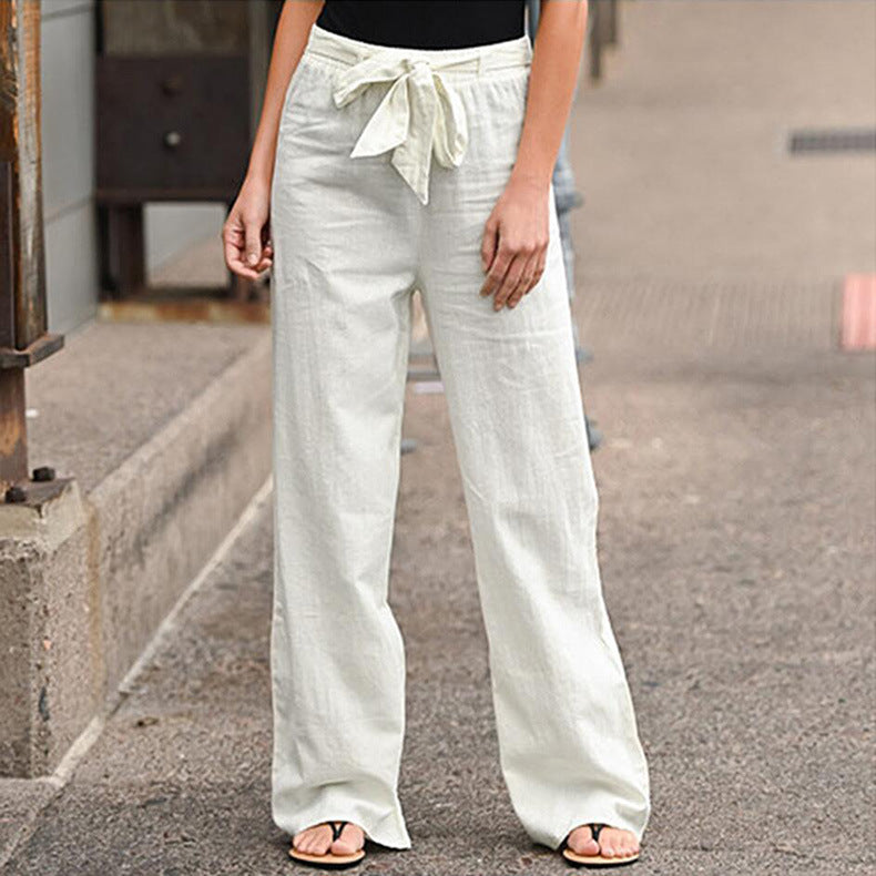 Women's comfortable linen pants with elastic waistband and adjustable tie belt