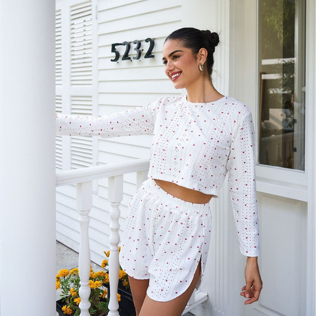 Women's casual short sleeve set with playful heart pattern