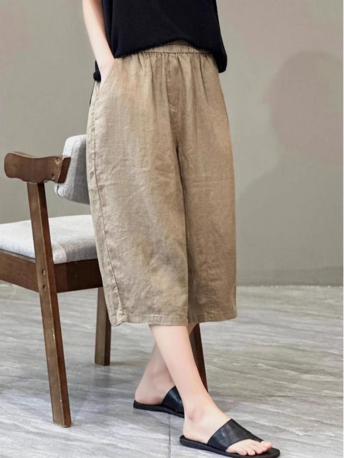 Women Relaxed Fit Linen Culotte Shorts