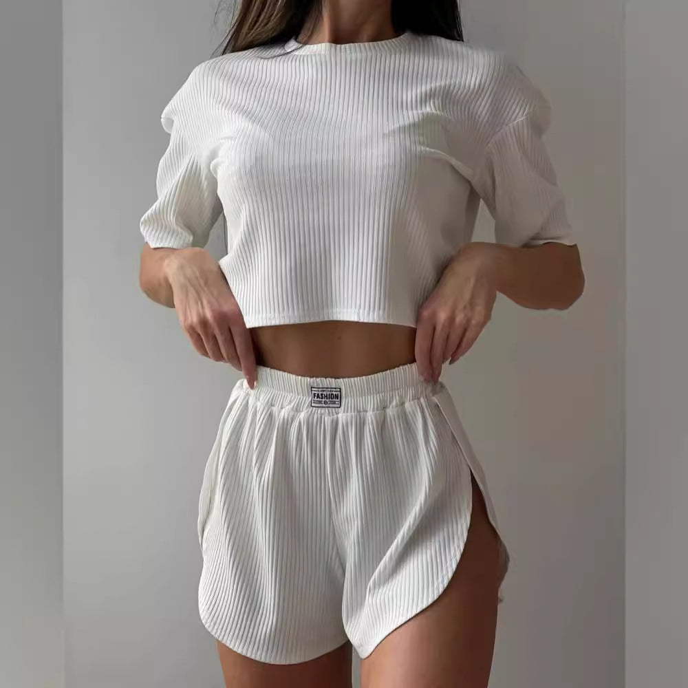 Women's Casual Short Pajama Set made of breathable ribbed structure