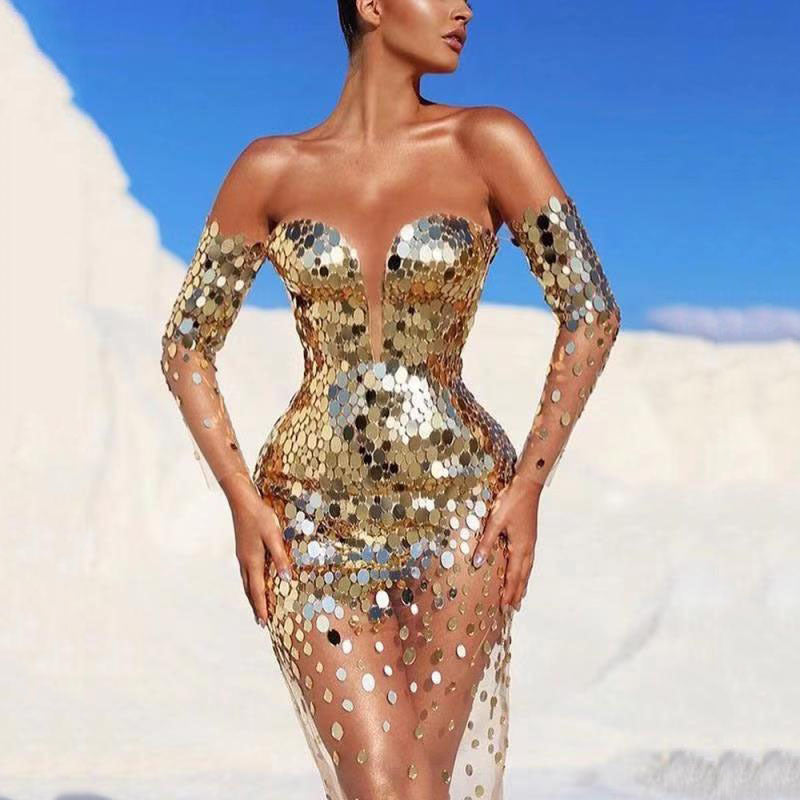 Women's Glamorous Party Dress with Sequins and Deep Neckline