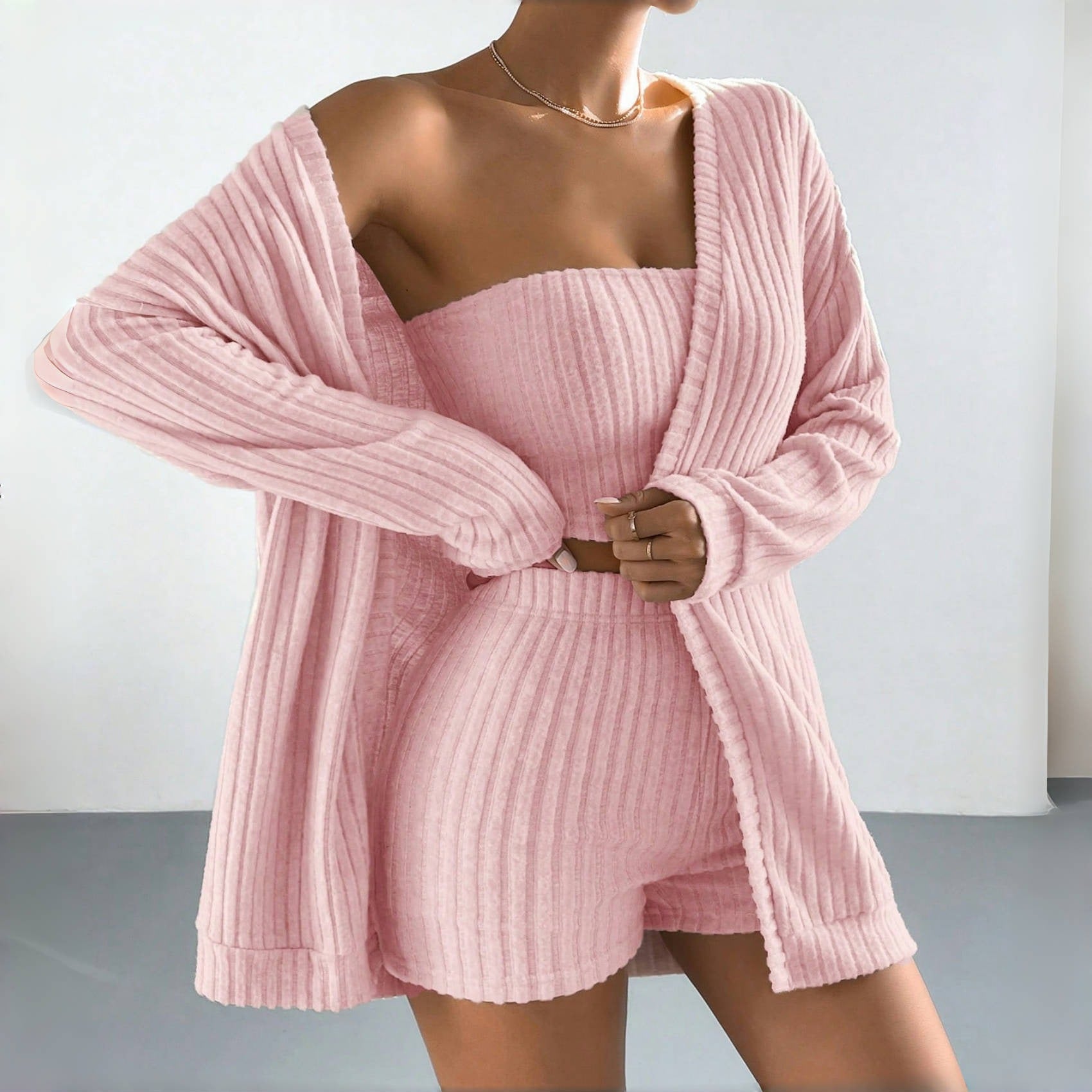 Ladies loungewear set with textured rib look and open cardigan
