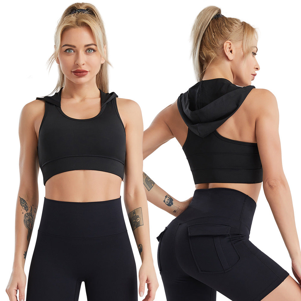 Women's sports bra with hood and breathable mesh