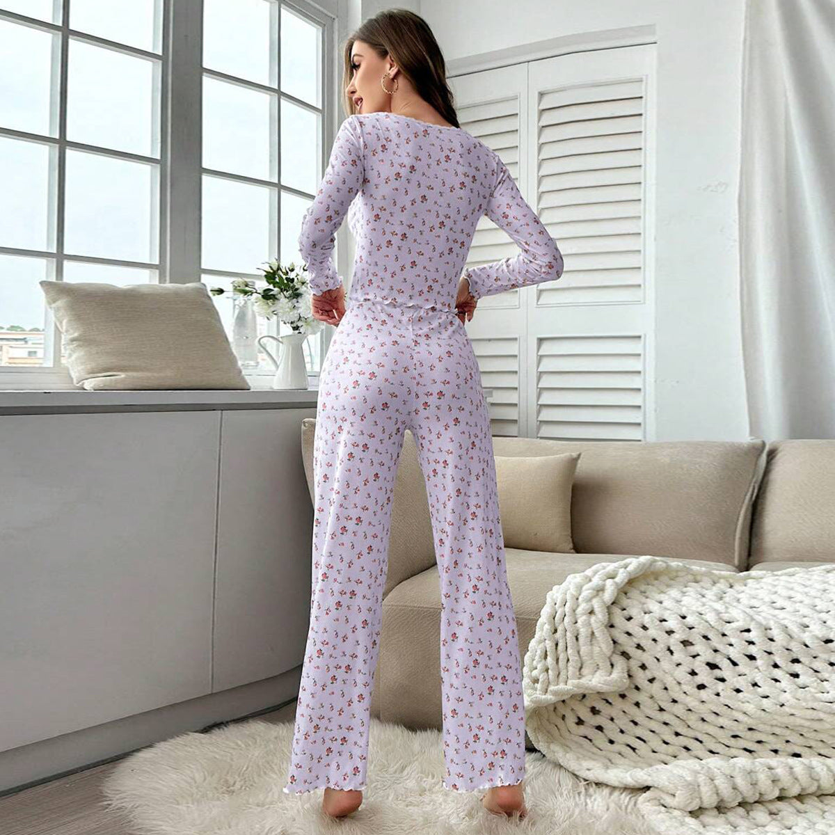 Women's Pajama Set with Lace Trim and Floral Design