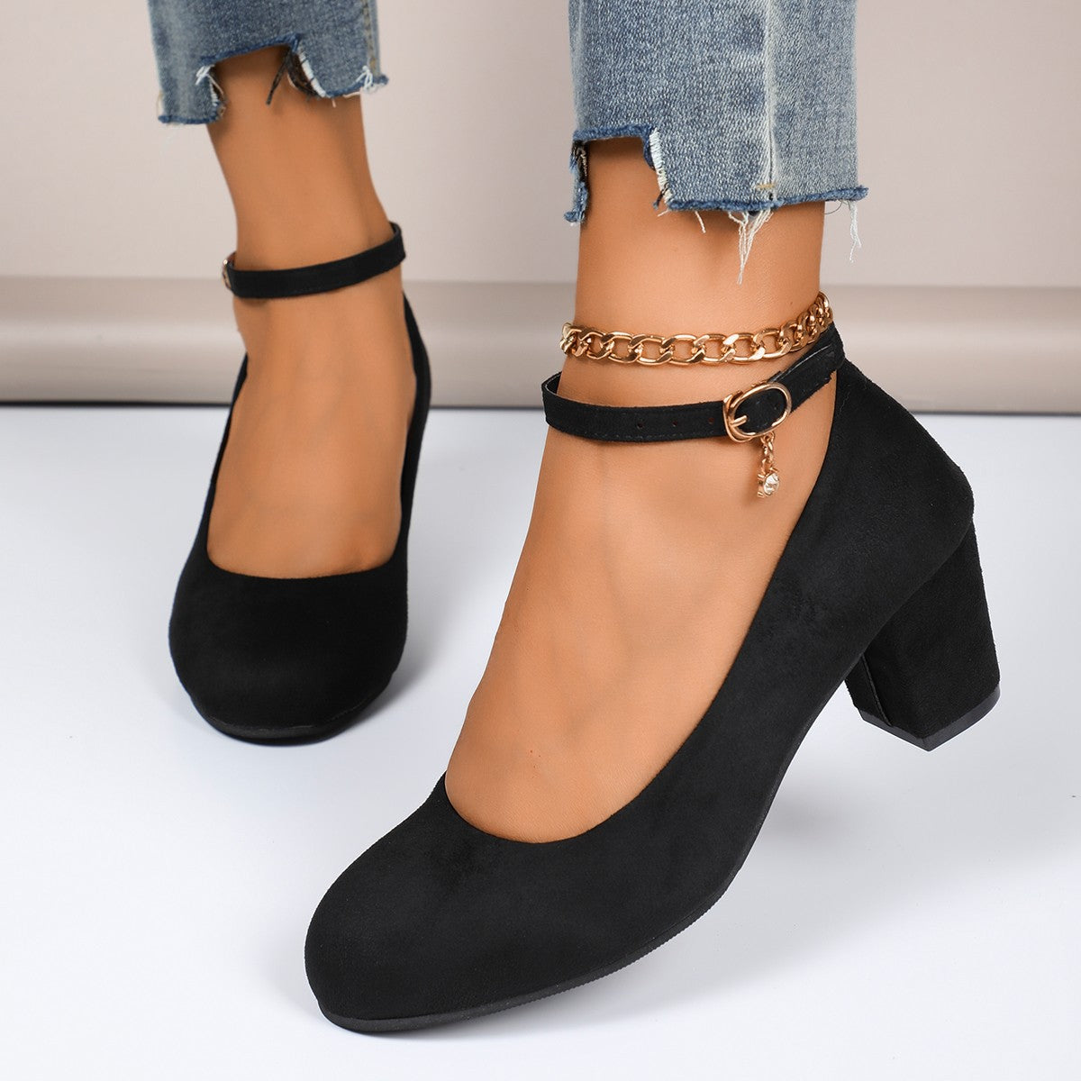 Women's block heel pumps with adjustable ankle strap and soft suede