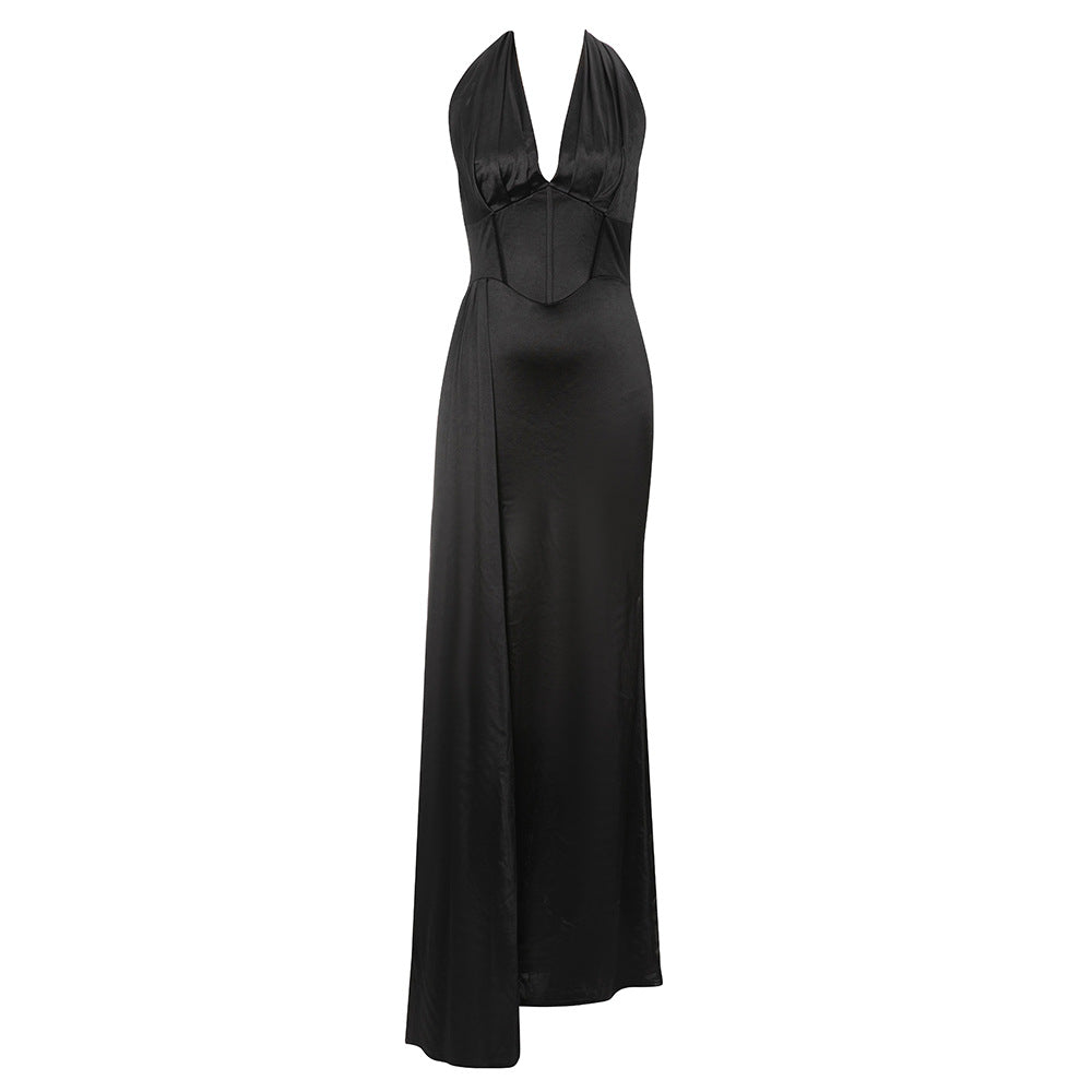 Women's Glamorous Evening Dress with Deep V-Neck and Side Split
