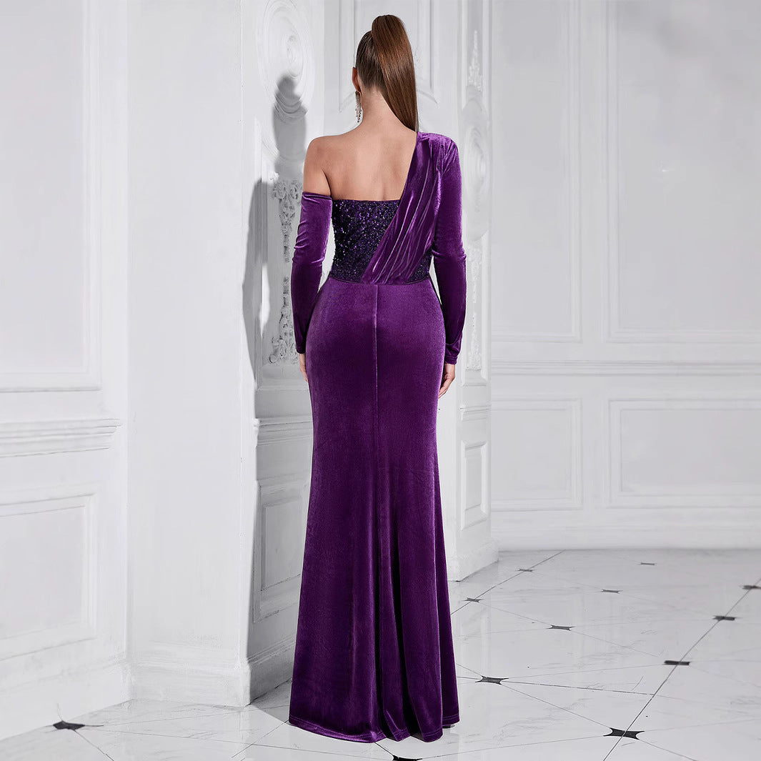Women's Glamorous Evening Dress with Asymmetric Design and Sparkling Accents