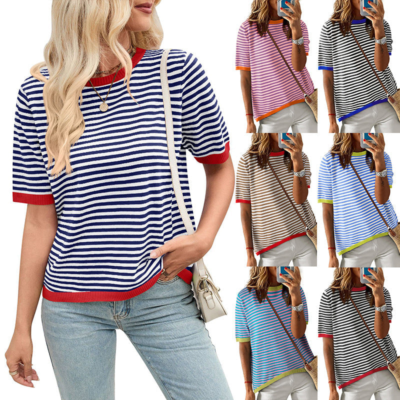 Women's comfortable striped casual blouse with contrast collar