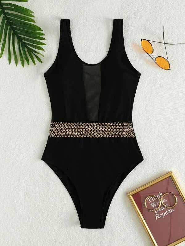 Women Mesh Insert High-Waisted One-Piece Swimsuit
