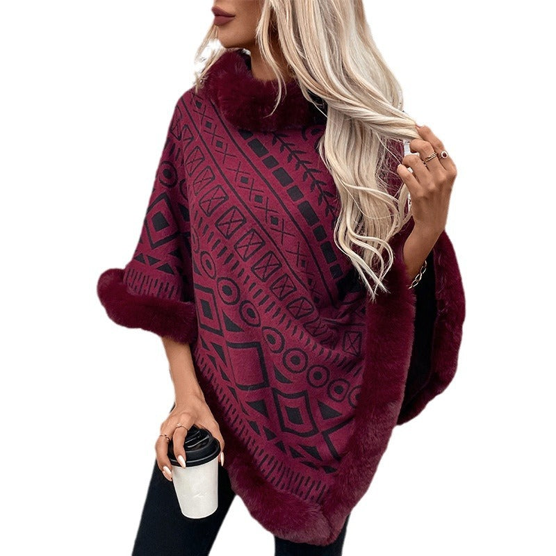 Women's fashionable poncho with decorative faux fur collar