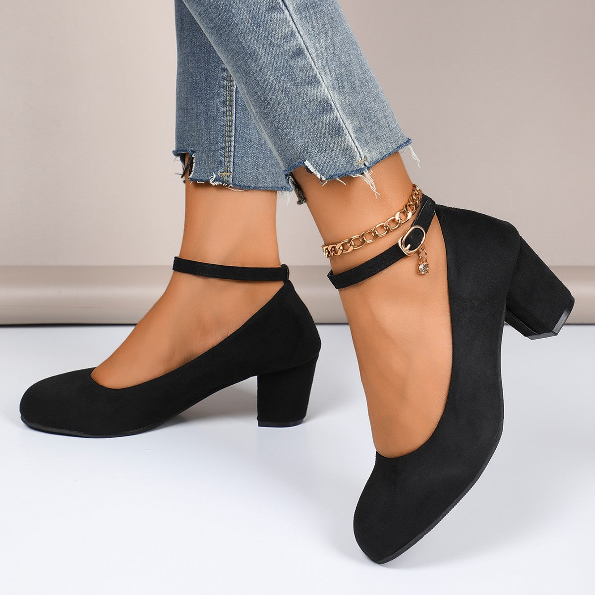 Women's block heel pumps with adjustable ankle strap and soft suede