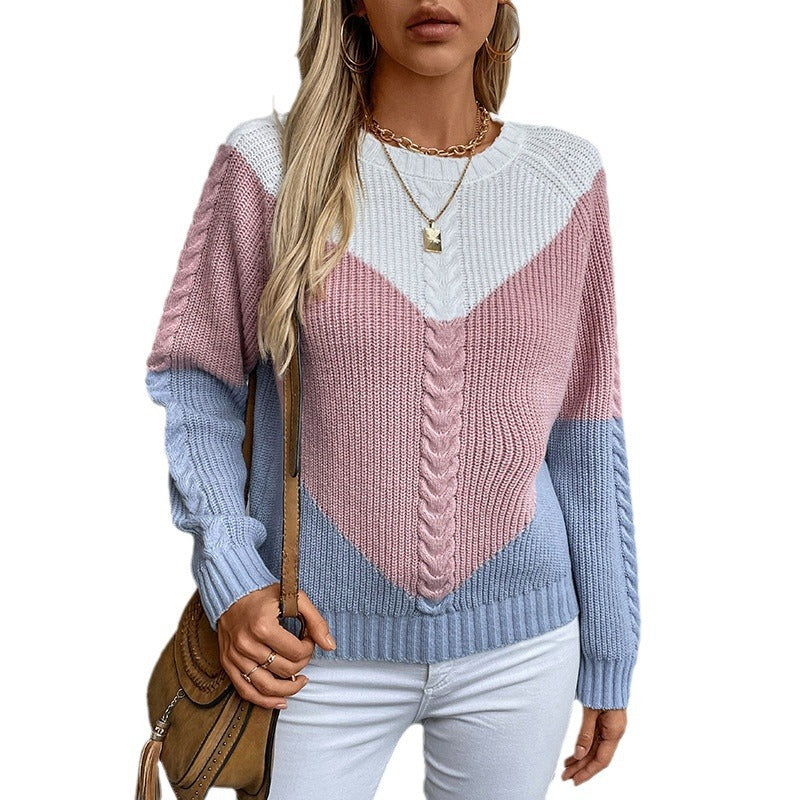 Ladies fashionable knit pullover with geometric pattern and cable ribs