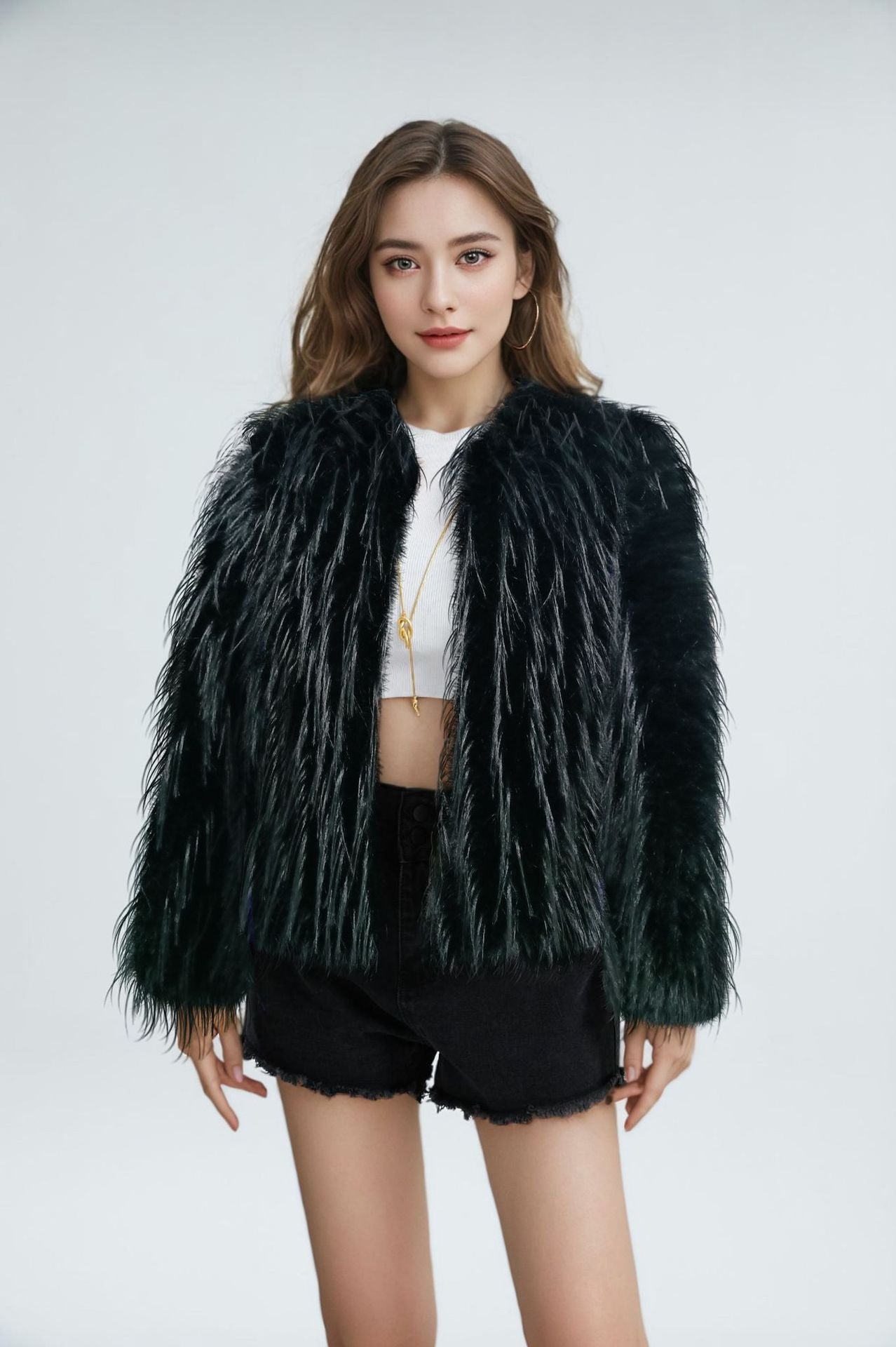 Ladies Elegant Plush Jacket with High Collar