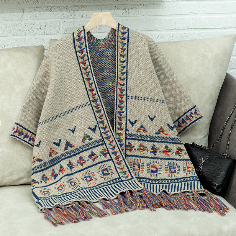 Women's stylish poncho with colorful ethnic pattern