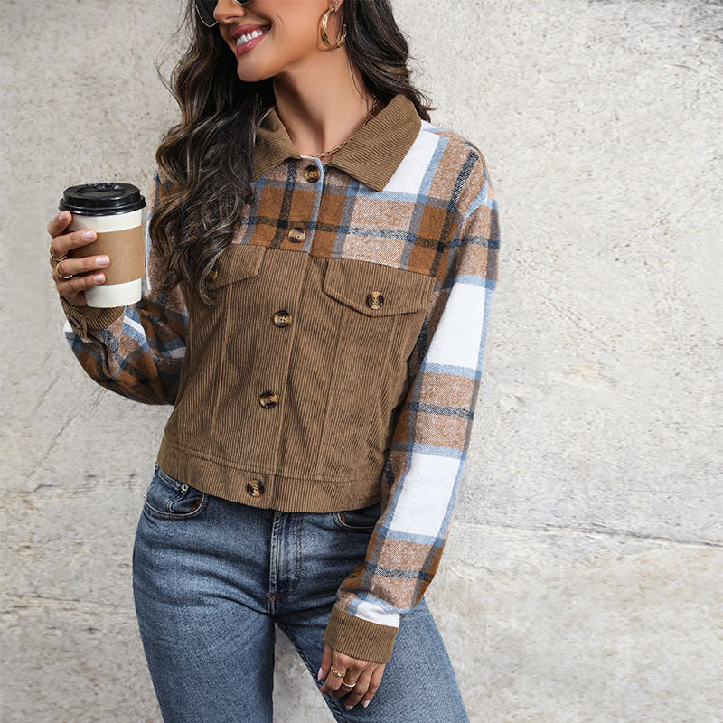 Women's checked cord jacket in casual cropped style with chest pockets