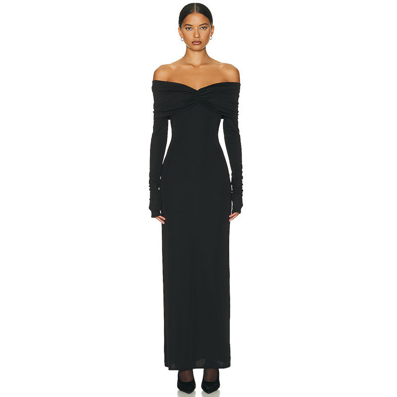 Women's Off-Shoulder Maxi Dress with Ruched Bodice and Long Sleeve