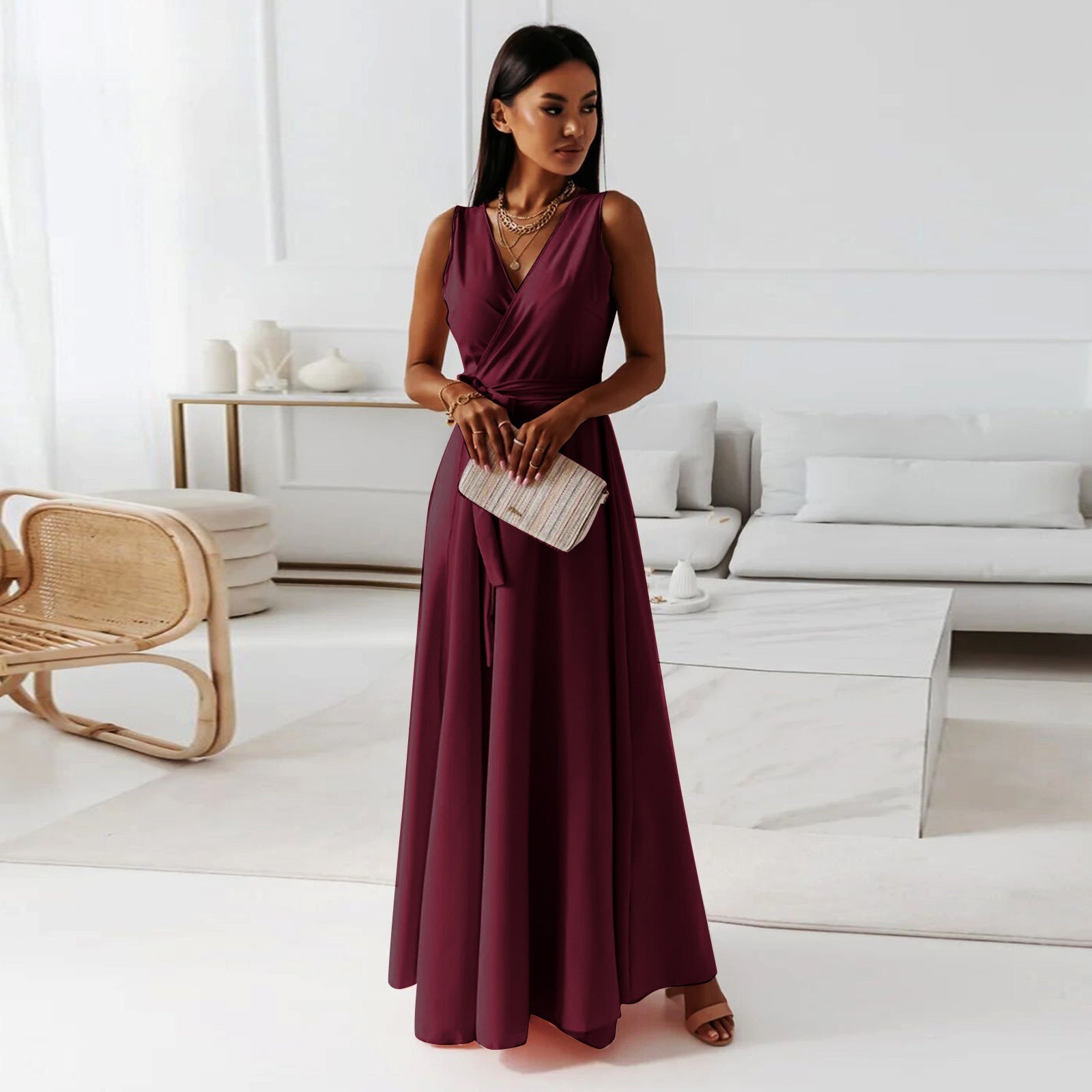 Women Solid V-neck Long Dress