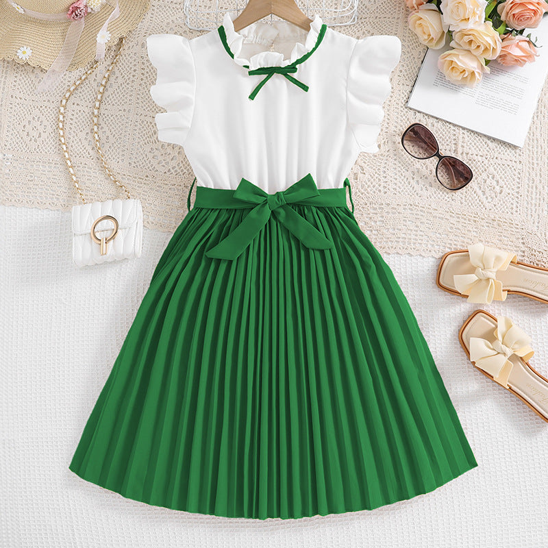 Girls Pleated Skirt Dress with Puff Sleeves and Waist Knot