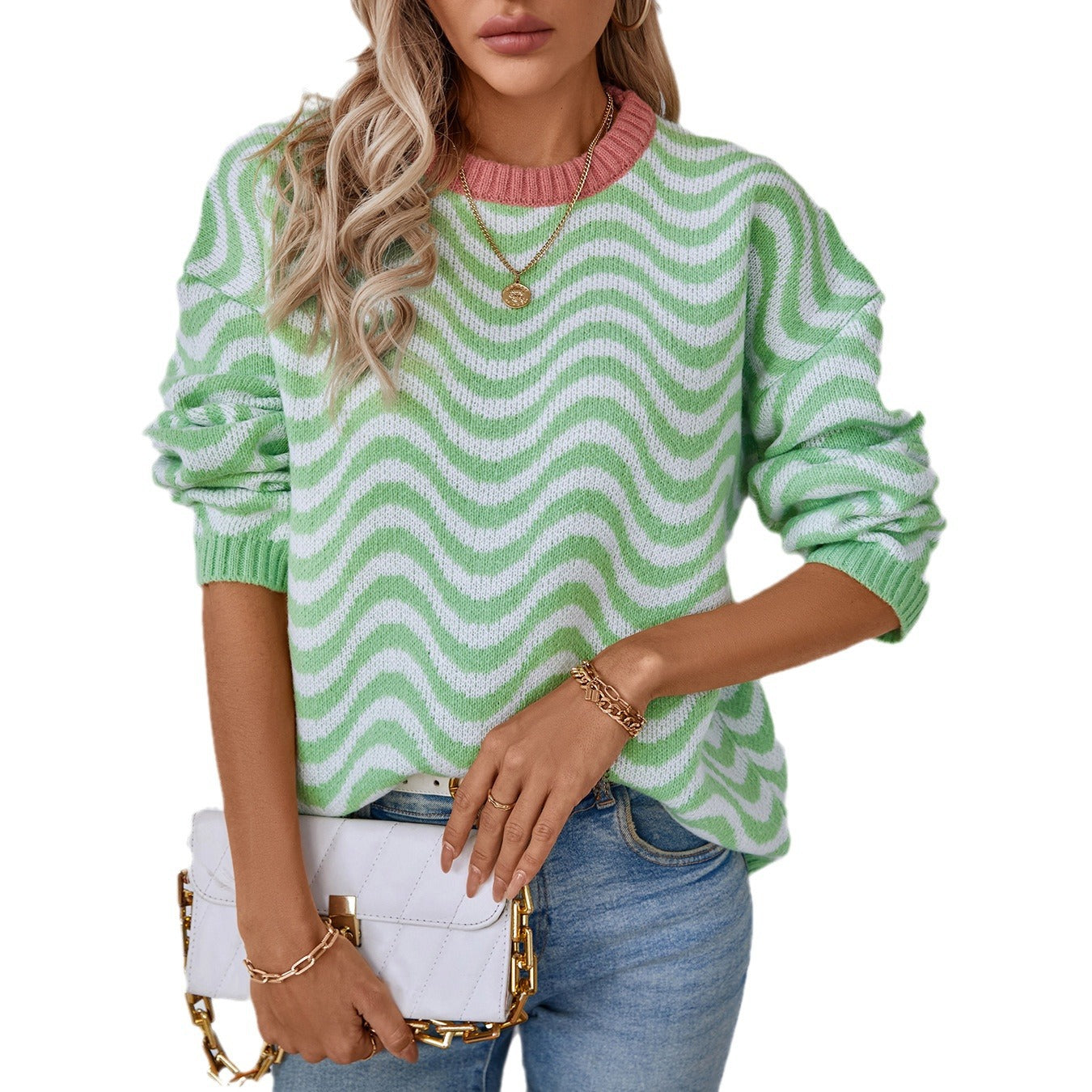 Women's cozy pullover with modern wave patterns and minimalist fit