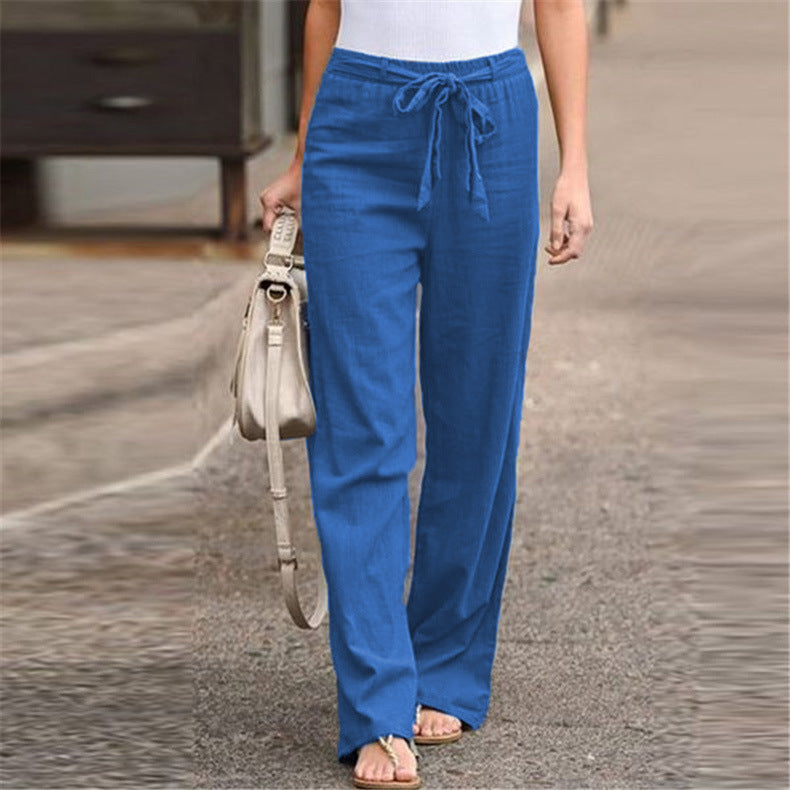 Women's comfortable linen pants with elastic waistband and adjustable tie belt